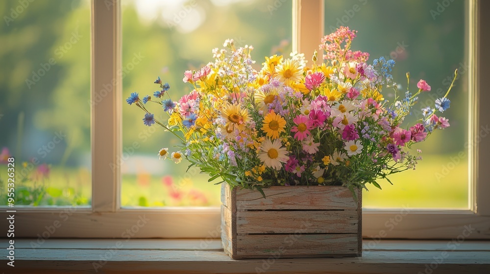 Serene Beauty: Vibrant Wildflower Bouquet in Rustic Wooden Crate on Sunlit Porch Serene Beauty: Vibrant Wildflower Bouquet in Rustic Wooden Crate on Sunlit Porch