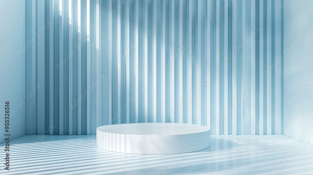 Minimalist light blue background with subtle vertical stripes and a central white circular podium, ideal for clean, modern product presentations Minimalist light blue background with subtle vertical stripes and a central white circular podium, ideal for clean, modern product presentations