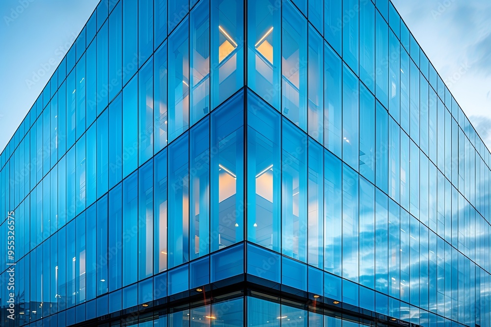 Fototapeta premium Large building with a blue facade and a corner window