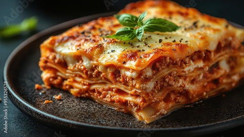 gourmet lasagna with fresh basil garnish rich layers visible moody dark blue backdrop appetizing food photography