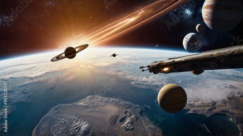 Saturn and Jupiter viewed from space with Earth below, cosmic view