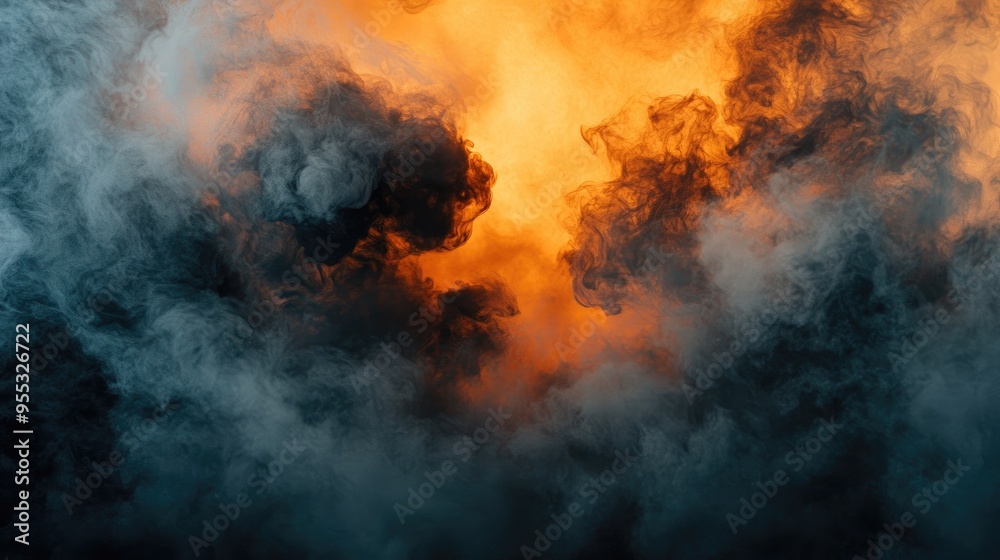 Billowing clouds of black and orange smoke form an abstract pattern, evoking the sense of burning skies or mysterious fog. Billowing clouds of black and orange smoke form an abstract pattern, evoking the sense of burning skies or mysterious fog.