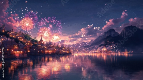 Breathtaking Fireworks Display Over Scenic Mountain Lake