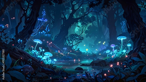 A mystical forest scene at night illuminated by bioluminescent plants, creating an enchanting and otherworldly atmosphere full of magic and wonder. photo