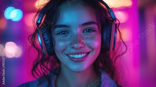 Smiling Woman with Headphones in Neon Lighting