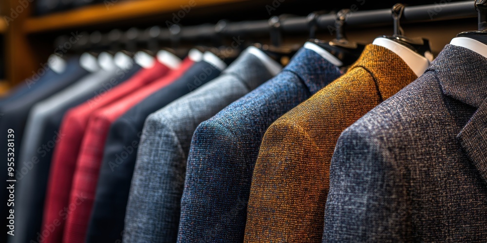 Obraz premium A vibrant and colorful collection of neatly arranged men's blazers hanging on a rack, showcasing various textures, patterns, and fabrics in a clothing store