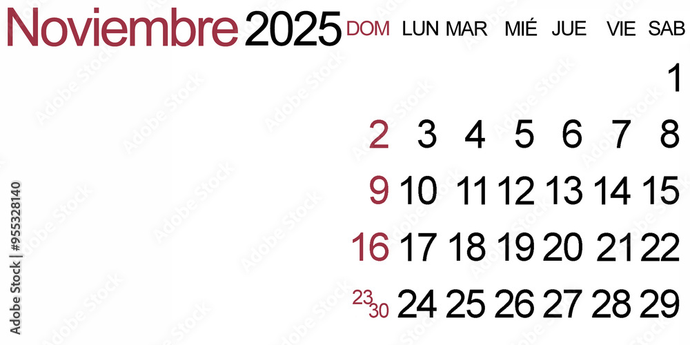 November 2025, simple design calendar in Spanish with blank space. Week starts on Sunday. November 2025, simple design calendar in Spanish with blank space. Week starts on Sunday.
