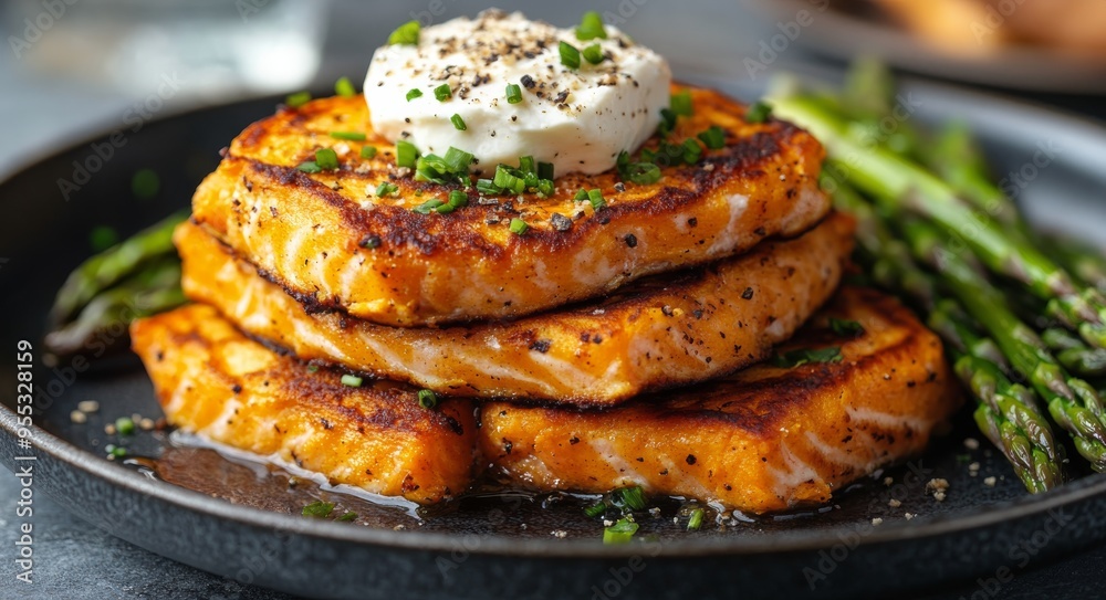 Delicious sweet potato pancakes topped with cream and fresh chives alongside grilled asparagus Delicious sweet potato pancakes topped with cream and fresh chives alongside grilled asparagus