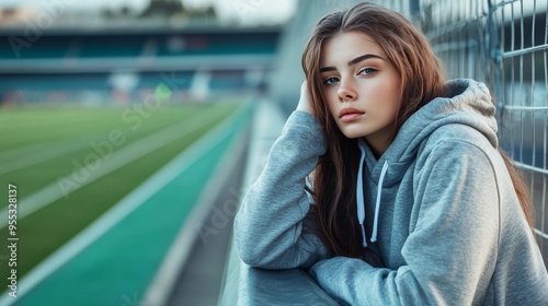 Thoughtful teen leans on stadium fence, training while lost in thought.