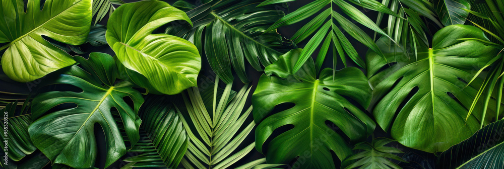 Lush green leaves create vibrant and tropical atmosphere, showcasing various textures and shapes. Lush green leaves create vibrant and tropical atmosphere, showcasing various textures and shapes.