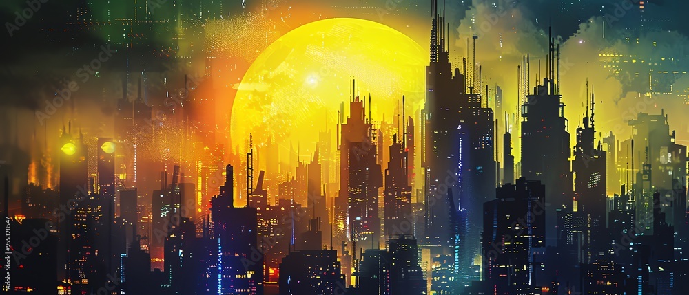 Futuristic cityscape with towering buildings and a glowing moon, vibrant colors,watercolor Futuristic cityscape with towering buildings and a glowing moon, vibrant colors,watercolor