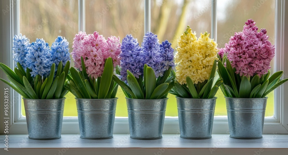 Colorful flower pots lined up on a window sill in a bright and sunny indoor space Colorful flower pots lined up on a window sill in a bright and sunny indoor space