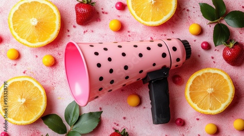 Fototapeta Naklejka Na Ścianę i Meble -  A vibrant and colorful arrangement featuring a pink polka-dotted megaphone surrounded by fresh citrus fruits, strawberries, and decorative leaves on a textured pink background