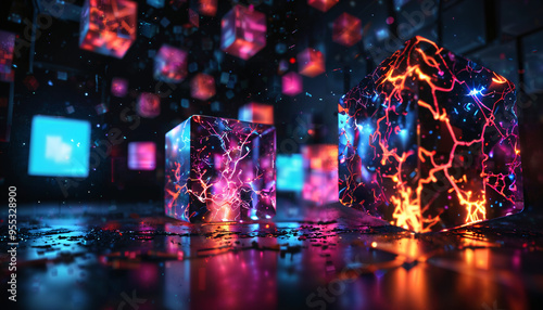 Cubes néon dans un espace futuriste photo