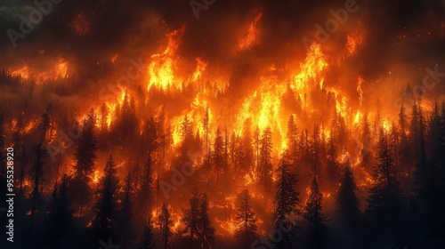 haunting scene of blazing forest fire towering flames engulf ancient trees smoke billows ominously eerie orange glow illuminates charred landscape creating apocalyptic atmosphere photo