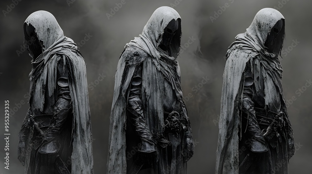 Ghostly knight with a haunting presence, adorned with Halloween masks, realistic and chilling, isolated on white background Ghostly knight with a haunting presence, adorned with Halloween masks, realistic and chilling, isolated on white background