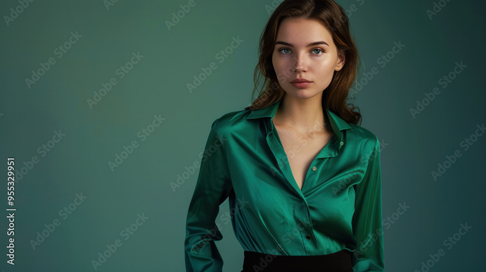 Elegant woman in green satin shirt against soft background Elegant woman in green satin shirt against soft background