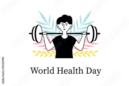 World Health Day linear concept with people scene in the flat cartoon style. A man lifts weights to maintain his fitness and health with colorful vegetation in the background. Vector illustration.