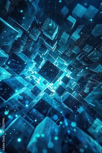Glowing blue digital cubes in a futuristic setting