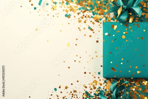 Azure Turquoise golden blank frame background with confetti glitter and sparkles photo