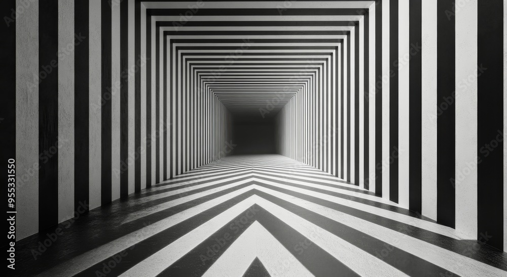 A mesmerizing black and white corridor with zigzag patterns stretching into the distance A mesmerizing black and white corridor with zigzag patterns stretching into the distance