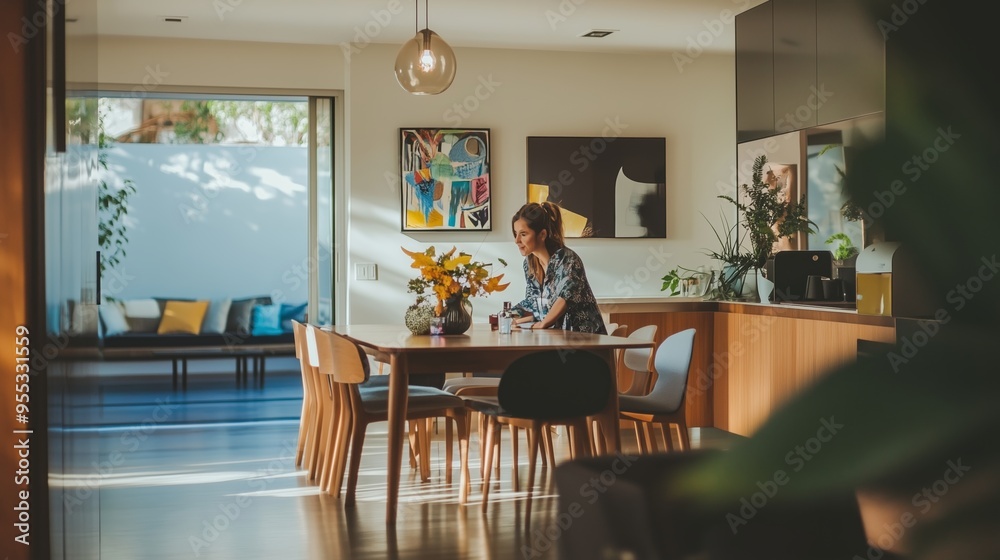 A woman arranging flowers on a dining table in a bright, modern home interior during the morning hours A woman arranging flowers on a dining table in a bright, modern home interior during the morning hours