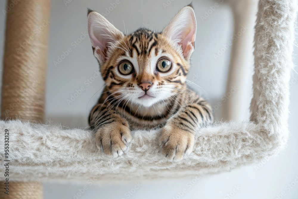 Close-up of a Tabby Kitten Resting on a Furry Cat Tree Platform Close-up of a Tabby Kitten Resting on a Furry Cat Tree Platform
