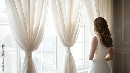 A woman in a white dress gazes out the window, surrounded by flowing curtains, in softly lit interior during daytime