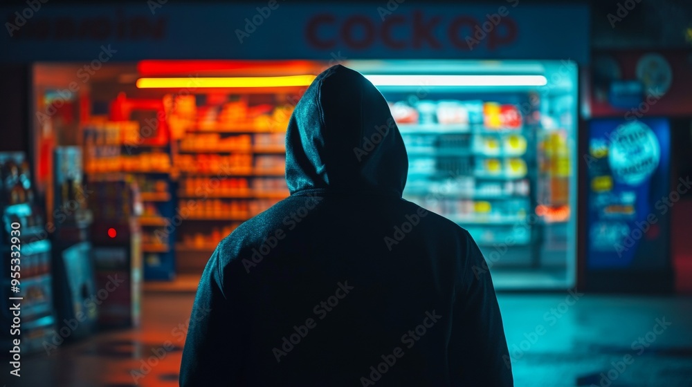 Hooded Figure Exits Convenience Store at Night Under Yellow and Red Lights Hooded Figure Exits Convenience Store at Night Under Yellow and Red Lights
