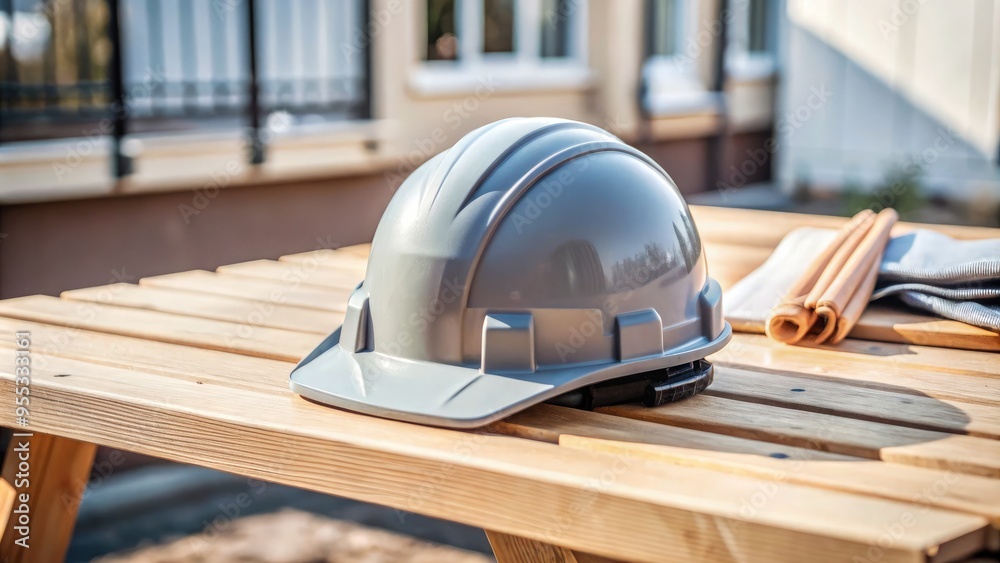 High-resolution stock photo of a construction helmet placed on a rustic wooden table, with natural lighting casting soft shadows High-resolution stock photo of a construction helmet placed on a rustic wooden table, with natural lighting casting soft shadows