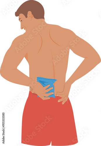 Man with cold pack on back, hot and cold pack
