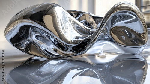 Exploring fluid metallic shapes that shimmer and reflect light in a sleek, modern environment filled with natural light