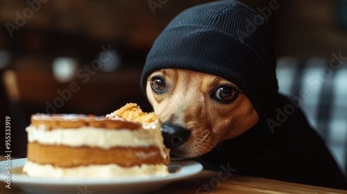 Dog wearing a black balaclava, sneakily taking a slice of cake from the table, looking like a canine criminal. photo