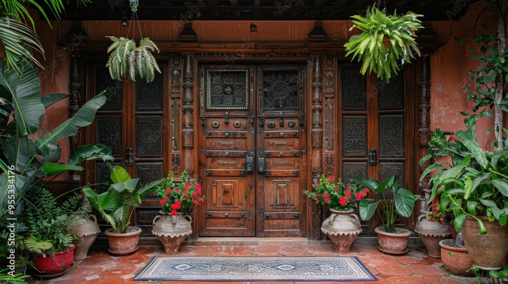 Ornate Wooden Doors with Lush Greenery in a Tropical Setting Ornate Wooden Doors with Lush Greenery in a Tropical Setting