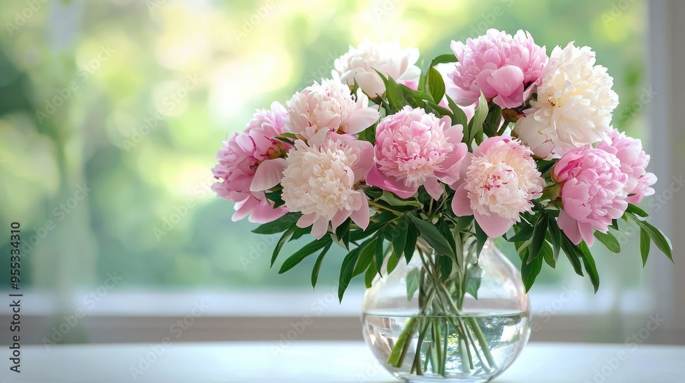 Delicate Pastel Peony Bouquet in Glass Vase on White Table Delicate Pastel Peony Bouquet in Glass Vase on White Table