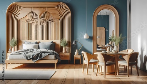 modern living room, Interior of luxurious sleeping room, comfortable bed, Scandinavian style decoration, created with generative A.I tools.