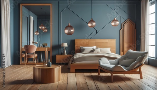 modern living room, Interior of luxurious sleeping room, comfortable bed, Scandinavian style decoration, created with generative A.I tools.