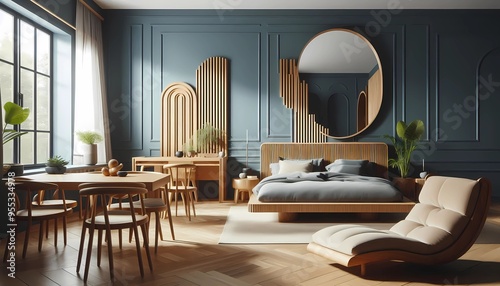 modern living room, Interior of luxurious sleeping room, comfortable bed, Scandinavian style decoration, created with generative A.I tools.