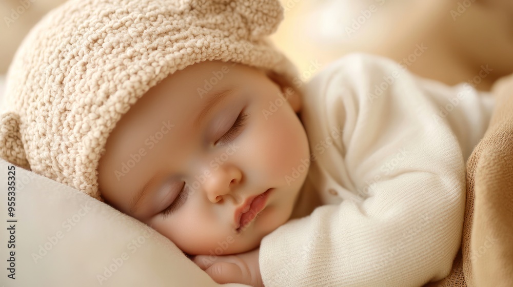 A peaceful baby sleeping soundly, wearing a cozy hat, surrounded by soft blankets in a serene environment.