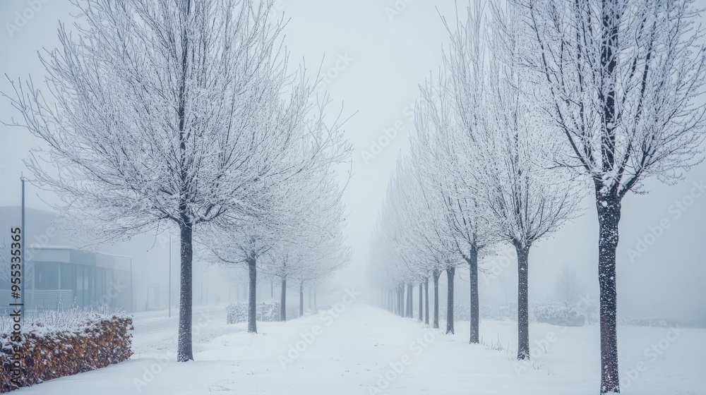 Frosted trees on a foggy urban winter backdrop. Frosted trees on a foggy urban winter backdrop.