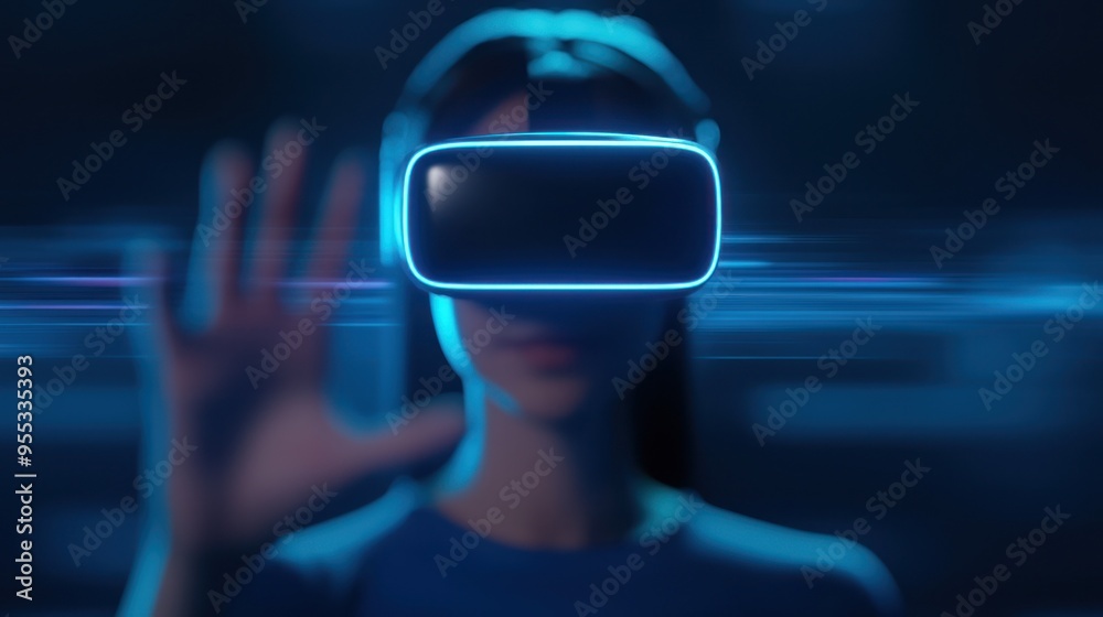 A person experiencing virtual reality with a VR headset, showcasing the immersive technology in a modern and futuristic setting. A person experiencing virtual reality with a VR headset, showcasing the immersive technology in a modern and futuristic setting.
