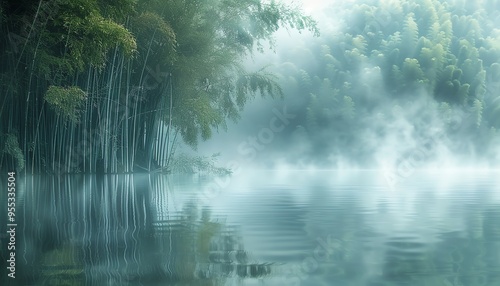 Misty bamboo forest with water reflection, panoramic view, diffuse light, serene and ethereal mood