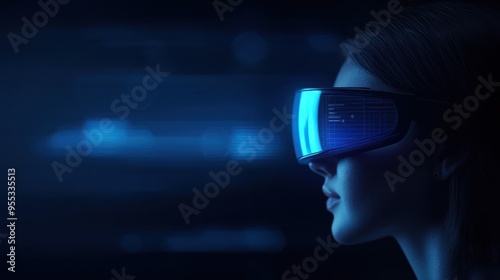 A profile view of a woman wearing futuristic virtual reality goggles against a blue digital background, embodying tech innovation.