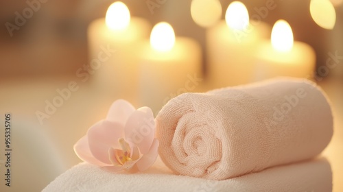 A serene spa setting featuring a rolled towel, delicate flower, and soft candlelight, perfect for relaxation and rejuvenation.