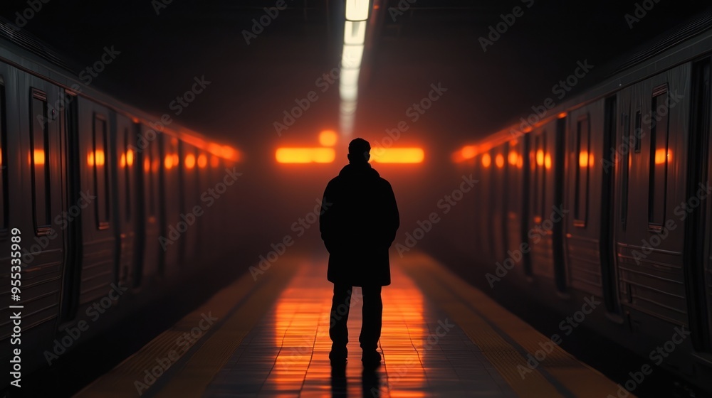 A solitary figure stands in a dimly lit subway station, surrounded by glowing lights and reflecting surfaces, evoking a sense of mystery. A solitary figure stands in a dimly lit subway station, surrounded by glowing lights and reflecting surfaces, evoking a sense of mystery.
