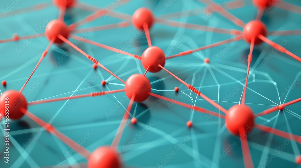 Network nodes connected by red strings on a blue background Network nodes connected by red strings on a blue background