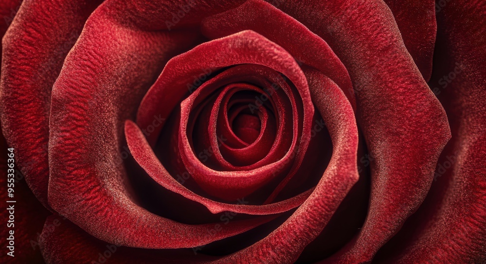 Close-up view of a beautifully detailed red rose highlighting its spiral petals and natural beauty Close-up view of a beautifully detailed red rose highlighting its spiral petals and natural beauty