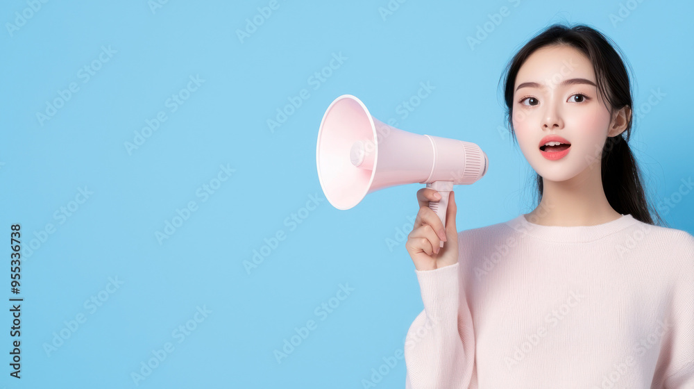 A young woman holds a pink megaphone against a blue background, representing communication and engagement. A young woman holds a pink megaphone against a blue background, representing communication and engagement.