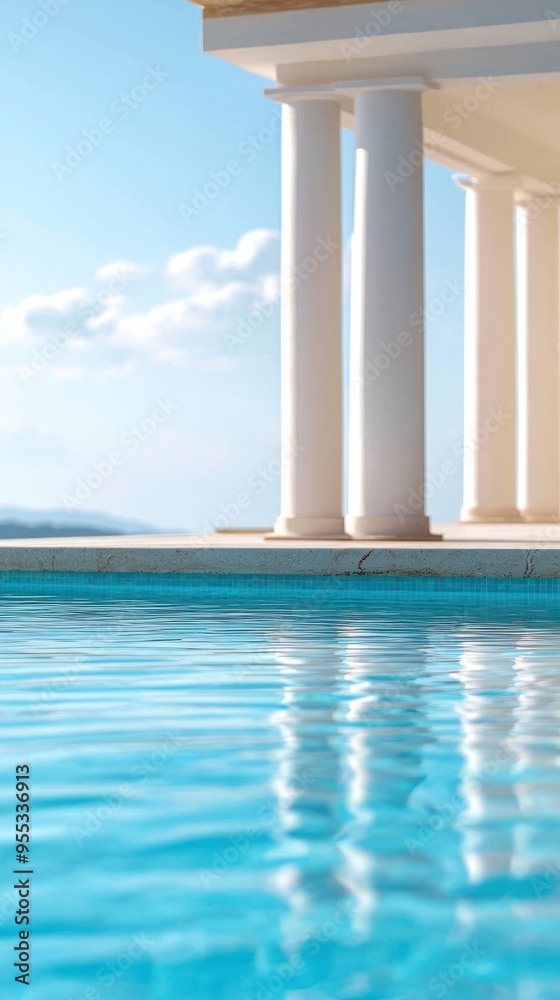 Beautiful reflection in a serene pool with elegant columns under a clear blue sky, perfect for luxury and relaxation themes. Beautiful reflection in a serene pool with elegant columns under a clear blue sky, perfect for luxury and relaxation themes.