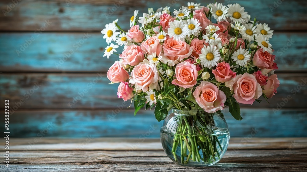 Serene Pastel Bouquet of Roses and Daisies in Glass Vase on Rustic Wooden Table Serene Pastel Bouquet of Roses and Daisies in Glass Vase on Rustic Wooden Table